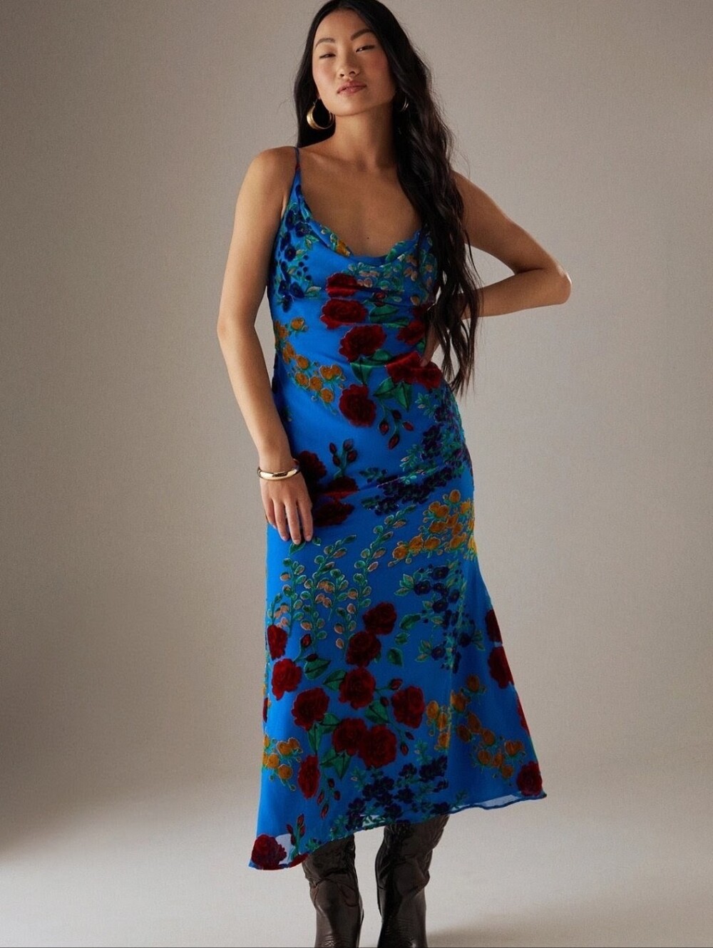 Warehouse Blue Floral Burnout Strappy Cowl Neck Midi Dress Size 6 NWT